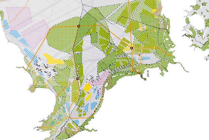 Toekomst van de Noordzee volgens PBL-scenario IV Samen Duurzaam. Geel: windparken, blauw: windparken en aquacultuur en passieve visserij, lichtgroen: energieparken en natuurnetwerk, donkergroen: beschermd natuurgebied. Bron: PBL/H+N+S.