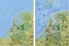 De kaart van Nederland in 2020 (links) en het toekomstbeeld van Nederland in 2120. (rechts)